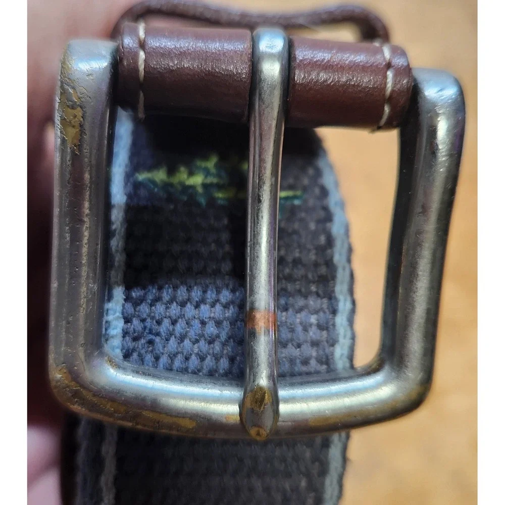 Peter Millar Mens Canvas Leather Belt Grey Brown Striped Solid Brass Buckle